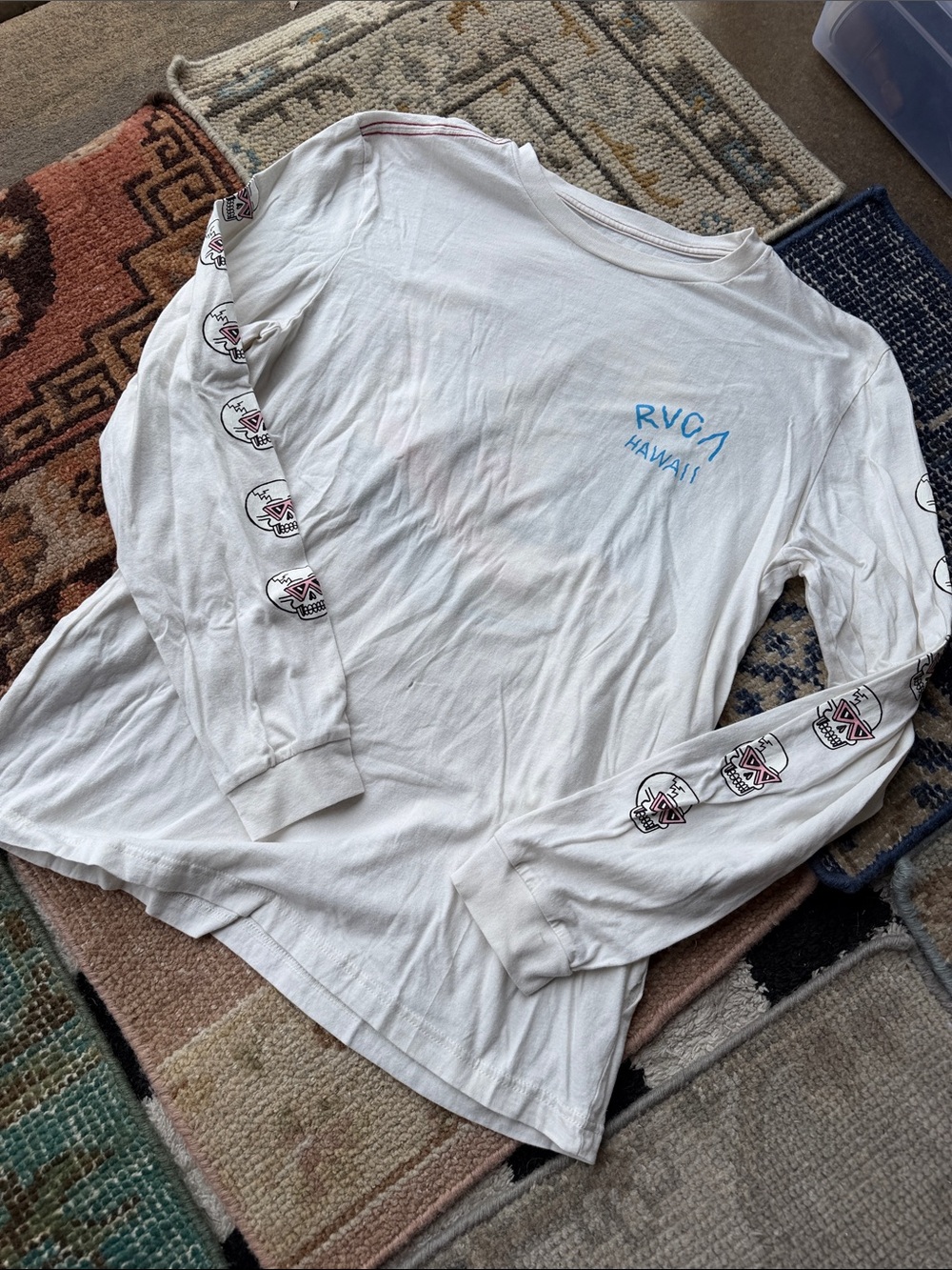 RVCA White Long Sleeve Tee with Blue Hawaii Logo and Sleeve Graphics